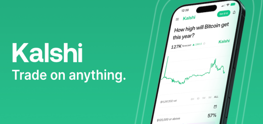 Image with a green background, an image of a mobile phone and on the left side in block letters, Kalshi trade on anything