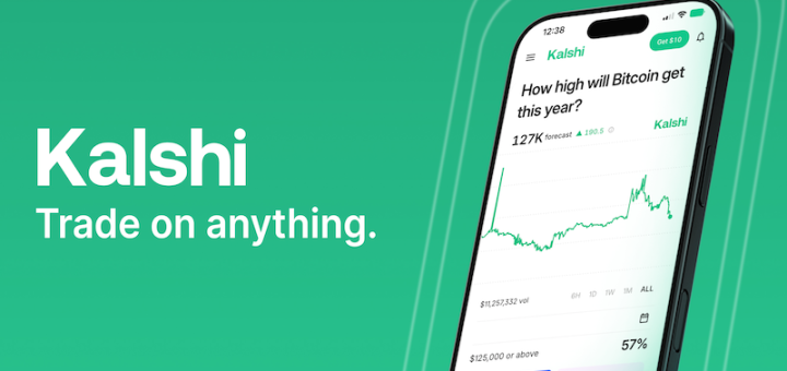 Image with a green background, an image of a mobile phone and on the left side in block letters, Kalshi trade on anything