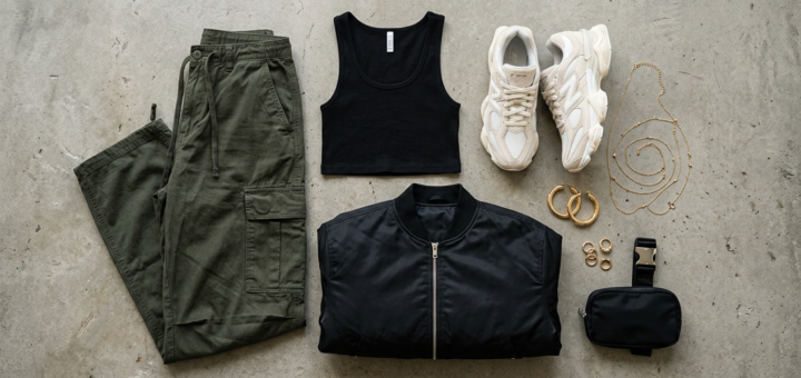A carefully arranged flat lay of key bodega baddie fashion pieces on a neutral concrete background: baggy cargo pants, cropped tank top, chunky sneakers, gold hoop earrings, body chain, and a sleek bomber jacket. Soft diffused lighting highlights fabric textures and accessories. The composition feels trendy, balanced, and editorial, emphasizing contrast between oversized and fitted elements.