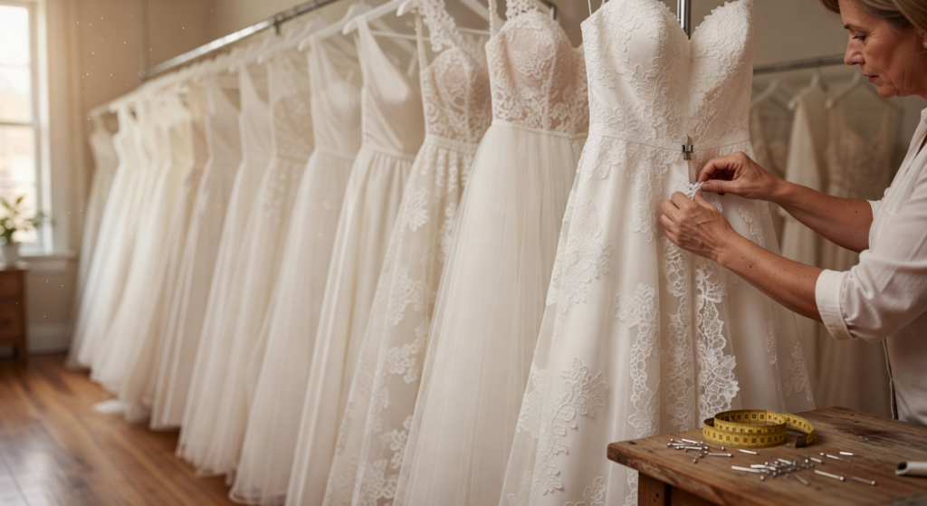 A softly lit bridal boutique with a row of elegant white wedding gowns hanging on racks, one gown slightly clipped at the waist to show recent alterations. A seamstress’s hands adjust delicate lace fabric while measuring tape and pins rest on a nearby table. Warm, natural window light creates a calm, intimate atmosphere with a shallow depth of field.