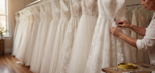 A softly lit bridal boutique with a row of elegant white wedding gowns hanging on racks, one gown slightly clipped at the waist to show recent alterations. A seamstress’s hands adjust delicate lace fabric while measuring tape and pins rest on a nearby table. Warm, natural window light creates a calm, intimate atmosphere with a shallow depth of field.