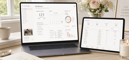 A modern laptop and tablet displaying a beautifully organized wedding planning dashboard with calendars, checklists, budget charts, and guest lists visible on the screens. The devices are placed on a clean desk with soft natural light coming from a nearby window. The mood is calm, productive, and elegant, with a neutral color palette and subtle wedding details like flowers in the background.