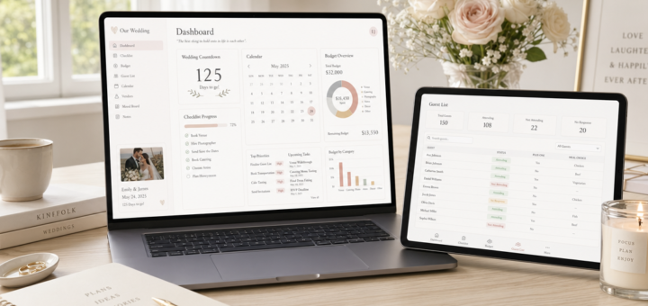 A modern laptop and tablet displaying a beautifully organized wedding planning dashboard with calendars, checklists, budget charts, and guest lists visible on the screens. The devices are placed on a clean desk with soft natural light coming from a nearby window. The mood is calm, productive, and elegant, with a neutral color palette and subtle wedding details like flowers in the background.