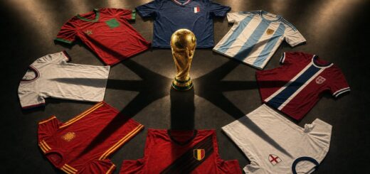 A dramatic cinematic sports editorial photograph showing eight international football jerseys laid flat in a perfect circle on a dark polished surface, each jersey representing a different nation still in the 2026 World Cup — blue French jersey, light blue and white Argentine jersey, red Spanish jersey, white English jersey, red Norwegian jersey, red Belgian jersey, red Moroccan jersey, and one more — arranged like a clock face around a single golden World Cup trophy replica standing in the exact centre, stadium floodlights creating dramatic overhead lighting that casts long shadows from the trophy across each jersey, the mood is tense dramatic and historic, NO text NO words NO letters NO numbers anywhere in the image, cinematic overhead editorial sports photography 1200x628px wide landscape