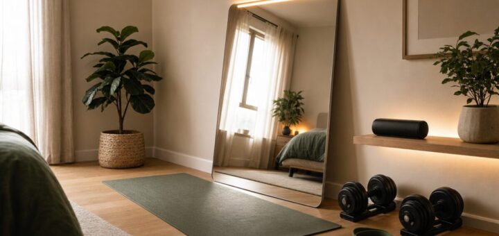 large mirror with workout mat and dumbells in front. home gym