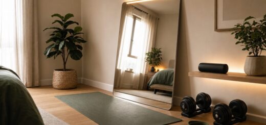 large mirror with workout mat and dumbells in front. home gym