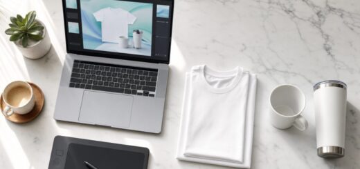 clean white marble surface, a laptop open showing a soft blurred abstract product design interface in teal and cyan tones