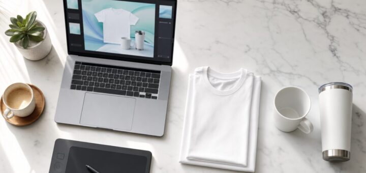 clean white marble surface, a laptop open showing a soft blurred abstract product design interface in teal and cyan tones