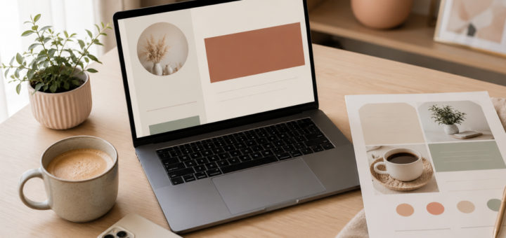 a flatlay of a laptop and documents on a desk