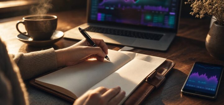 photograph of a young woman's hands writing in a leather journal on a dark wooden desk