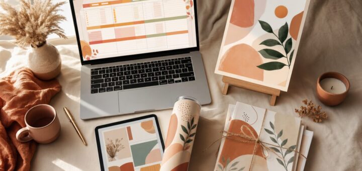 a laptop showing a colourful planner spreadsheet, a printed wall art piece leaning against a small easel