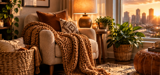 Cozy small apartment corner with a knit throw blanket, warm table lamp, woven basket, and a small plant near a window