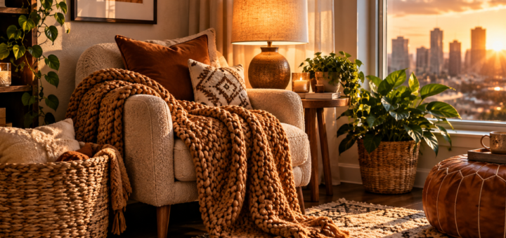 Cozy small apartment corner with a knit throw blanket, warm table lamp, woven basket, and a small plant near a window