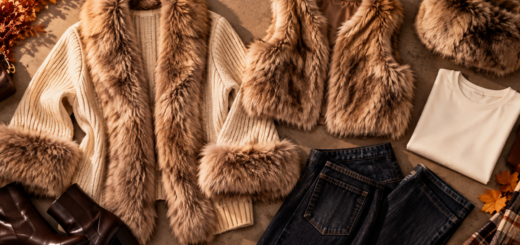 Flat lay of a faux fur trim cardigan, a cropped faux fur vest, and a faux fur hat styled with denim on a neutral background
