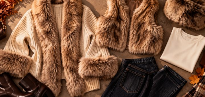 Flat lay of a faux fur trim cardigan, a cropped faux fur vest, and a faux fur hat styled with denim on a neutral background