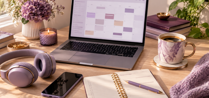 Flat lay of a laptop with a content calendar open, headphones, and a notebook with a weekend batching schedule written out