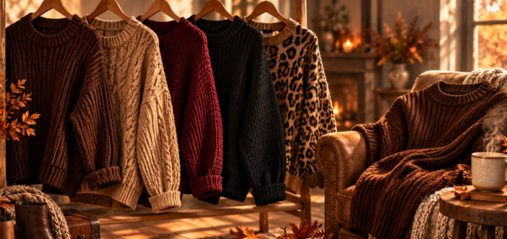 five different chunky knit sweaters artfully draped and layered over a wooden clothing rack and a nearby chair