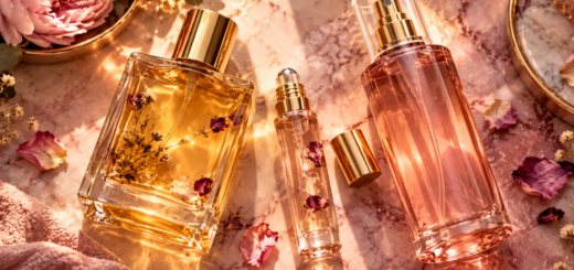 Flat lay of a scented body oil, a rollerball perfume, and a fragrance body mist arranged together for layering