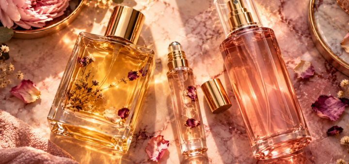 Flat lay of a scented body oil, a rollerball perfume, and a fragrance body mist arranged together for layering