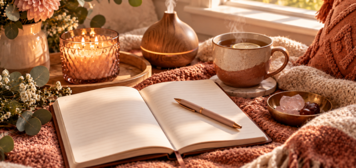 Flat lay of a journal, a lit candle, a cup of tea, and a small diffuser on a cozy blanket, styled for a Sunday self-care reset