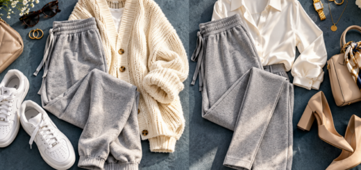 Flat lay of gray track pants styled two ways — with a cream cardigan and sneakers for day, and a button-down blouse with heels for night