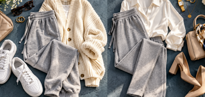 Flat lay of gray track pants styled two ways — with a cream cardigan and sneakers for day, and a button-down blouse with heels for night