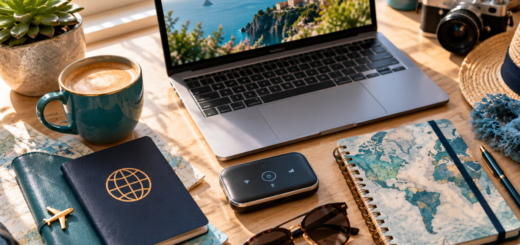 Flat lay of a laptop, passport, portable Wi-Fi hotspot, and travel journal on a wooden desk, symbolizing remote work and travel