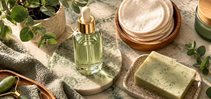 Flat lay of sustainable skincare products including a refillable glass bottle, reusable cotton pads, and a bond repair shampoo bottle on a marble surface