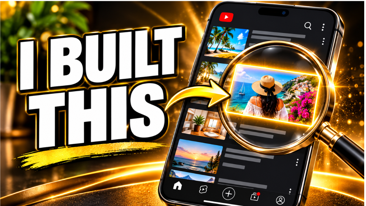 Phone showing a YouTube feed with one thumbnail magnified and glowing gold, next to the words I Built This