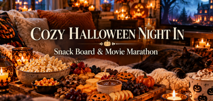 Cozy living room with a Halloween snack board, a throw blanket, flameless candles, and a movie on a TV in the background