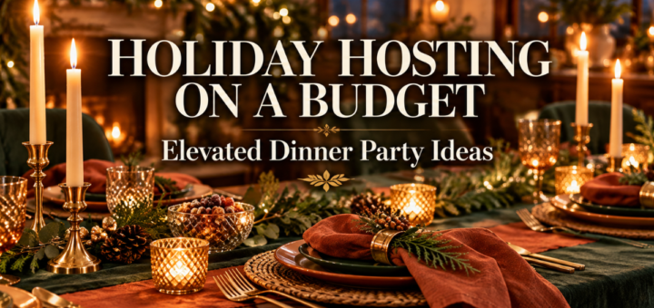 Holiday dinner table with layered green and terracotta linens, brass candlesticks, glass bowls, and warm string lights