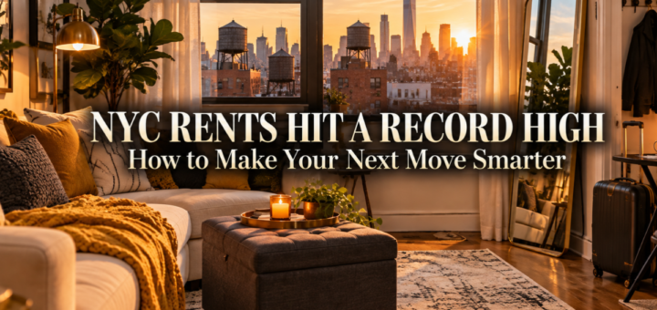 Cozy small New York apartment interior with a storage ottoman, a leaning mirror, a rug, and a city skyline visible through the window at dusk
